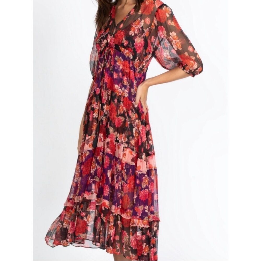 Johnny Was Jade Black Maxi Dress with Red and Purple Floral Print S